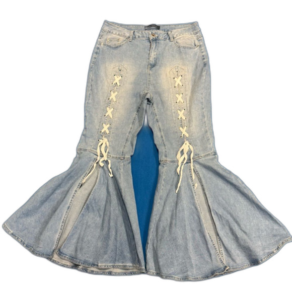 Ashley Stewart Light Blue Denim Jean set Lace up top size 14/16 jeans size 14 - Picture 6 of 14